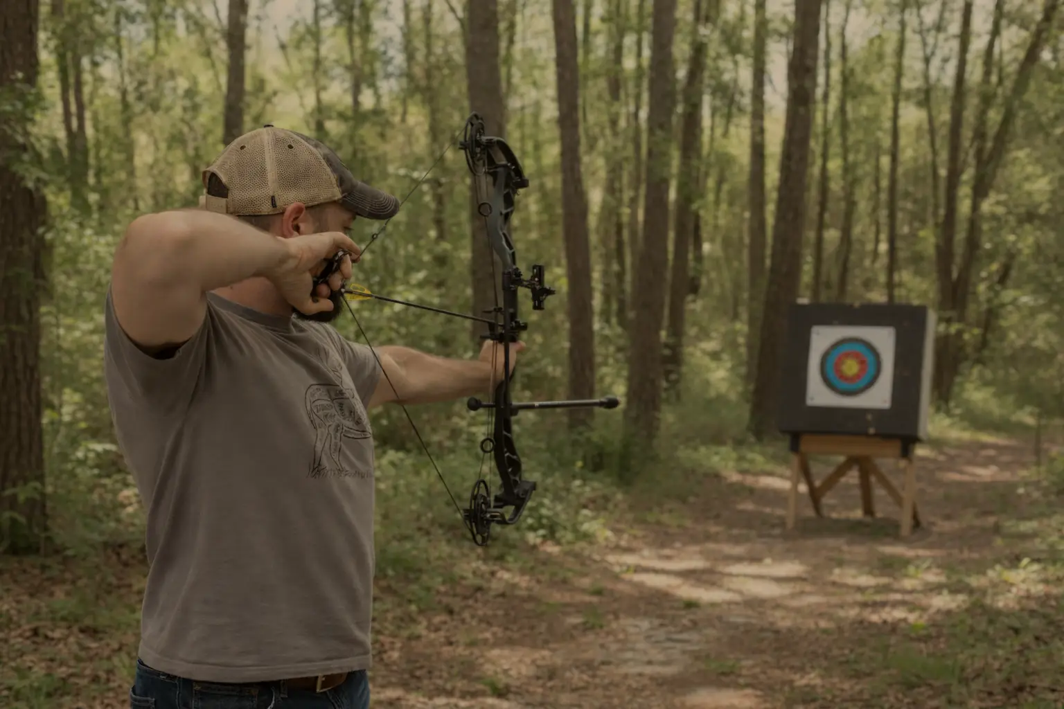 An archer at full draw with a compound bow, aiming at a target in the woods
