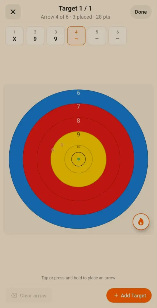 NockPoint's visual scoring screen, with arrows plotted on a target face